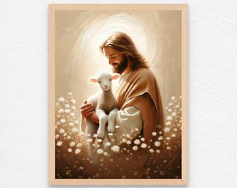 Jesus rettet den Einen, Christliche Wandkunst, Jesus mit Lamm, Bild von Christus, LDS Kunst, Bibel Malerei, Der gute Hirte, Jesus druckbare Kunst