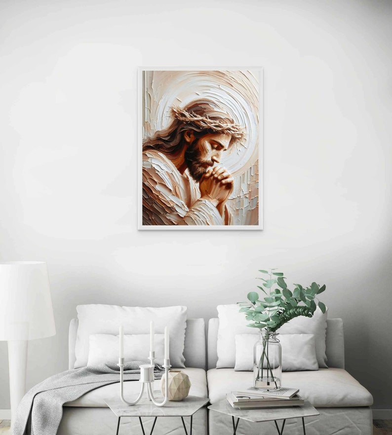 May include: A painting of Jesus Christ with a crown of thorns, praying with his hands clasped together. The painting is done in a painterly style with thick brushstrokes and a warm color palette.