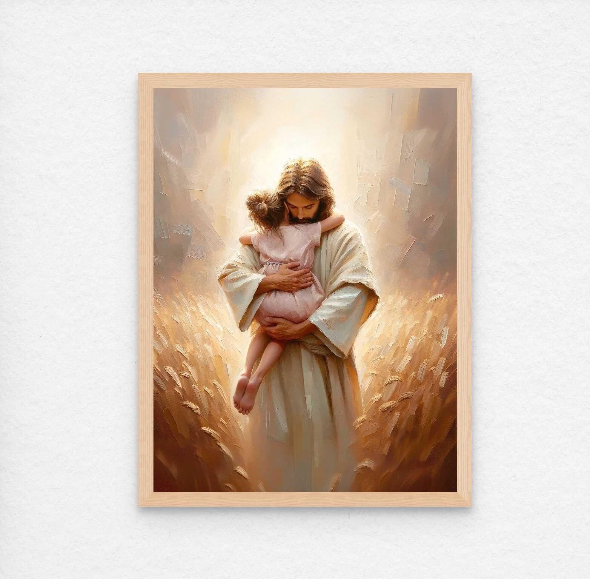 Él te ama, arte mural cristiano, Jesús abrazando a una niña, pintura de Jesús, arte mormón, imagen de Jesús y niños, Jesús con niños, arte cristiano