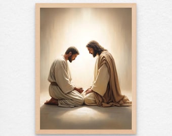 Oración de amor, Arte mural cristiano, Jesús orando con un hombre, Arte mural de Jesús, Arte SUD, Arte mural bíblico, Descarga cristiana, Pintura cristiana