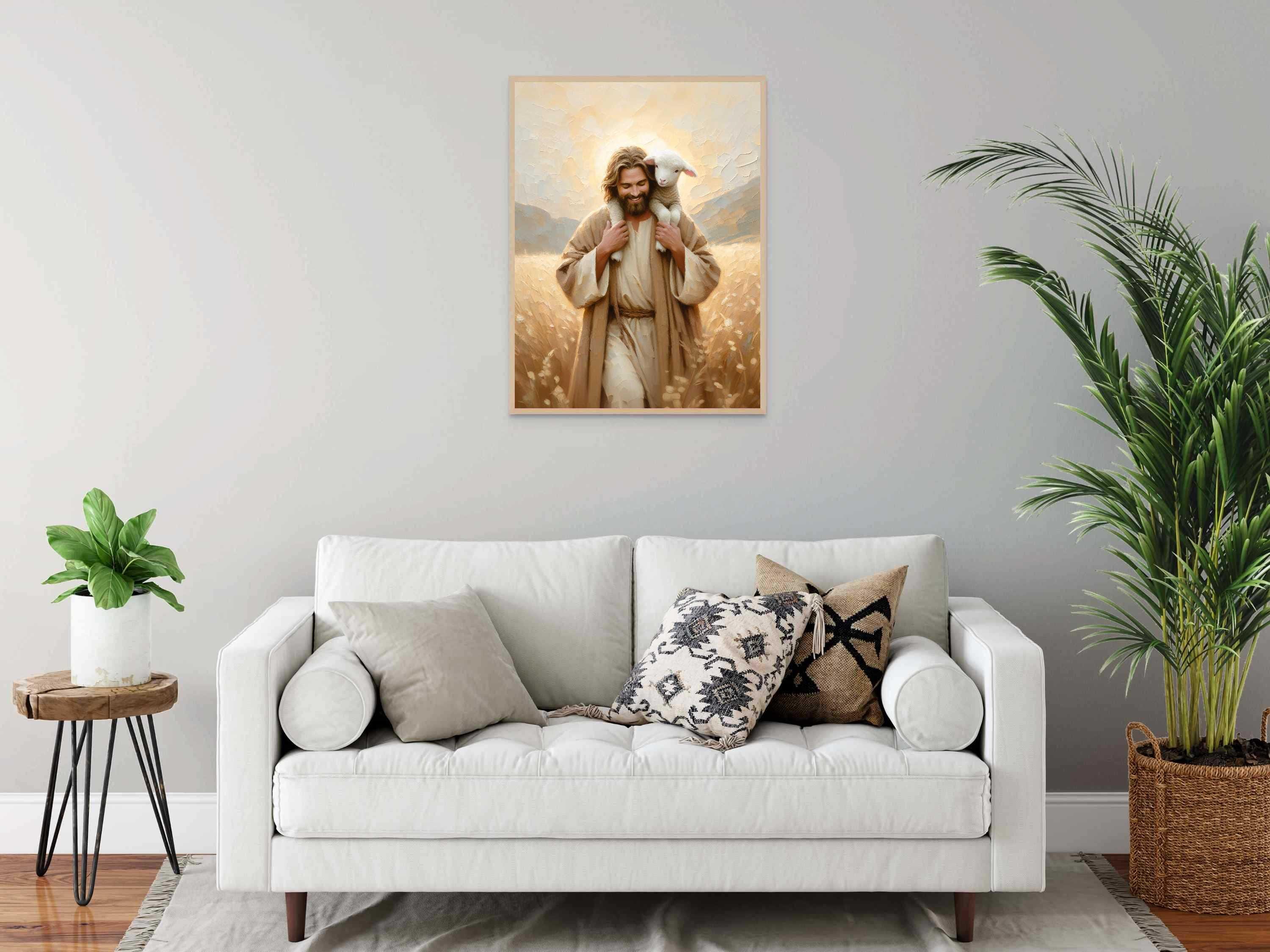 2 Stampe Su Tela Gesù Cristo 30x40 Cm | Quadri Cristiani Con Gesù Che Cammina Sull'Acqua E Salva L'Agnello - 2