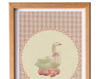 Gingham Goose with Bow & Strawberries - Cottagecore and Grandmacore Wall Art Printable Digital Download - Vintage Style for Home and Kitchen