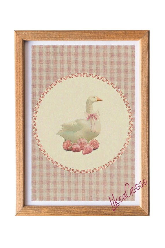 Gingham Goose With Bow & Strawberries - Cottagecore and