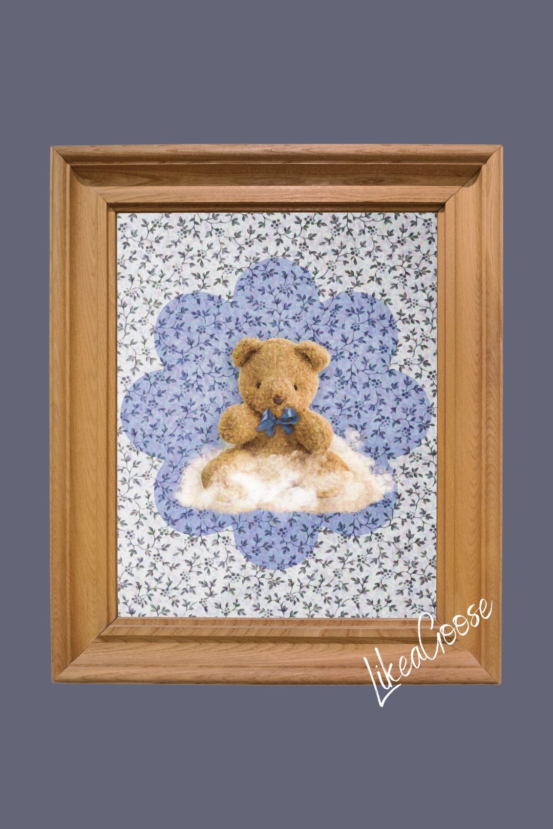 Teddy Bear With Bow on Blue Floral Wallpaper - Cottagecore