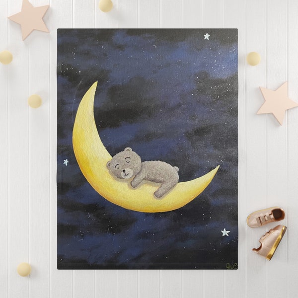 Teddy bear moon stars solar space night soft fleece baby blanket, 30" x 40"