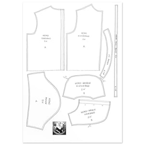 May include: A black and white sewing pattern for a shirt, featuring various pattern pieces labeled with Dutch text. The pattern includes pieces for the front, back, sleeves, collar, and collar band. The image is a detailed diagram for garment construction.