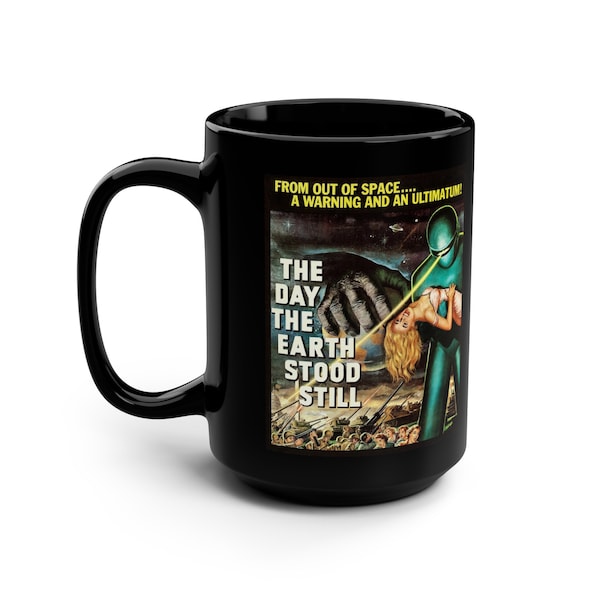 The Day the Earth Stood Still on Black Ceramic Mug, Vintage Movie Poster, 1951, Theatrical Poster American Release, 15 ounce Black Mug, 15oz
