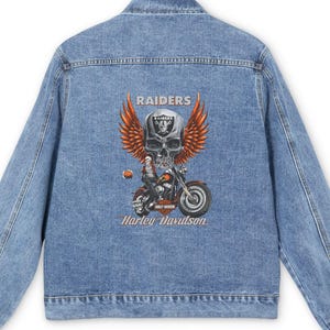 Raiders Skull with Wings motorcycle graphic Denim Jacket | Harley Davidson style image 3