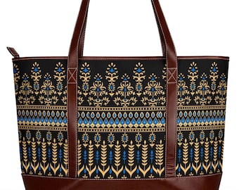 Bags for women Ornate Boho Geometric Pattern Handbag | Brown Leather Trim