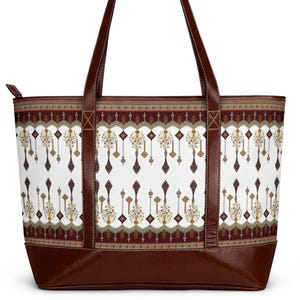 Bags for women Bohemian Key Motif Handbag | Patterned Tote with Brown Trim