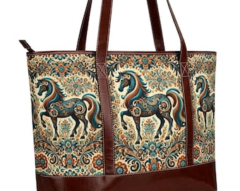 Bolsa feminina estilo boho com estampa de cavalo, modelo tote, ideal para presentear a mãe.