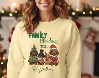 Gepersonaliseerde familiekersttrui 2026 met naam | Honden & Kerstboom