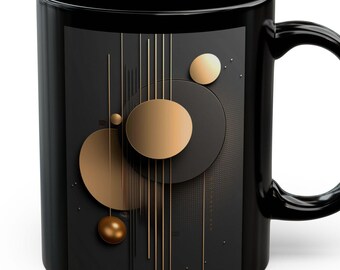 Taza negra con círculos geométricos dorados / Taza de cerámica abstracta moderna