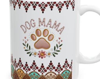 Gift For Dog Mom Boho Floral Mandala Ceramic Mug | Patterned Border, 11oz