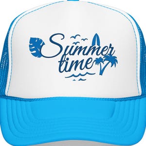 Gorra de camionero con diseño de script veraniego / Olas de surf de palmeras de playa
