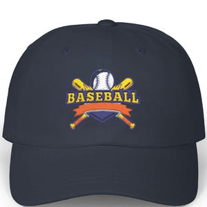 May include: A navy blue baseball cap featuring an embroidered logo on the front. The design includes two crossed yellow baseball bats behind a white baseball, a purple shield, an orange ribbon banner, and the word BASEBALL in yellow text.