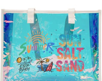 Bolso tote con diseño de playa, arena y sal marina / Vibraciones veraniegas iridiscentes holográficas