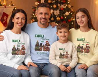 Sudadera navideña familiar personalizada con nombre 2026 / Perros y árbol de Navidad