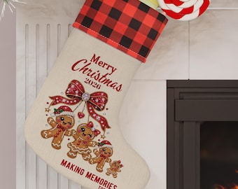Merry Christmas Gingerbread Family Christmas Stocking | Buffalo Plaid Cuff