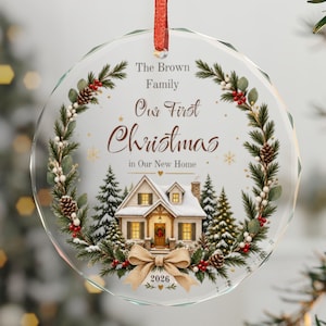Our First Christmas Crystal Glass Ornament | Snowy House Wreath Personalized image 1