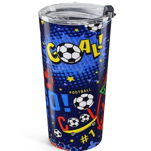 Bicchiere termico da viaggio con grafica a tema porta da calcio (20 oz) / Tazza da viaggio con motivo a pallone da calcio immagine 1