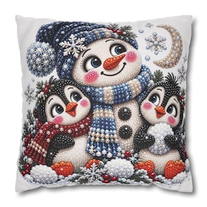 Kerstsneeuwpop met pinguïns kussensloop | Kerstdecoratie voor thuis afbeelding 1