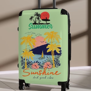 Summer Sunshine beach scene Suitcase | tropical palm trees, sailboat, retro sunset image 2
