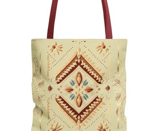 Boho Diamond Floral Pattern Tote Bag | Maroon All-Over Print