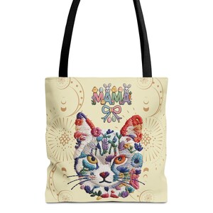 Floral Cat Face mama Tote Bag | Colorful Embroidered Style Animal Print image 1