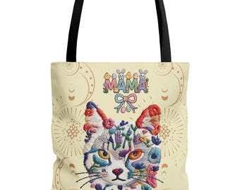 Floral Cat Face mama Tote Bag | Colorful Embroidered Style Animal Print