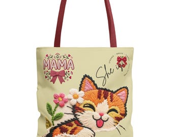 Embroidered Tabby Cat Mama Tote Bag | Floral Kitten Lover Carryall