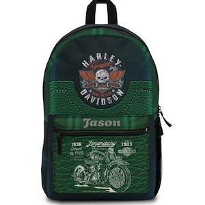 Harley Davidson Skull Motorcycle Backpack | Vintage Biker Design, Personalized Name image 1