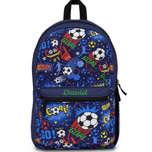 Personalized Name Accent Backpack Soccer Goal Pattern | Kids Football Print School Bag image 1
