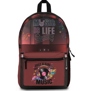 Music Is Life Backpack | Vinyl Record Just A Girl With Music Design image 1