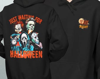 Sweat à capuche « J’attends Halloween avec impatience » | Collage de masques de films d’horreur, graphisme effrayant