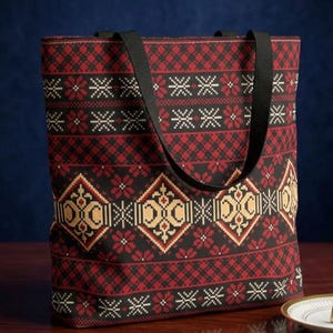 Red Aztec Boho Tote Bag | Geometric Tribal Pattern Tote image 1