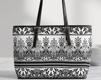 Bags for women Black White Damask Pattern PU Leather Shoulder Bag Gift for mom