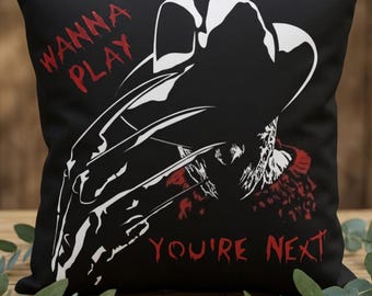 Cadeau d'Halloween, Coussin décoratif « Ne plus jamais dormir » | Coussin d'extérieur « Envie de jouer » inspiré des films d'horreur