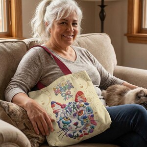 Floral Cat Face mama Tote Bag | Colorful Embroidered Style Animal Print image 2