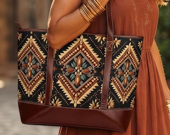 Peut inclure: Un sac cabas doté d'un panneau en tissu noir avec un motif géométrique dans des tons or, bleu sarcelle et marron, rehaussé par des garnitures, des anses et une base solide en similicuir marron foncé. Le sac a une forme rectangulaire.