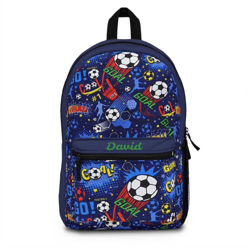 Personalized Name Accent Backpack Soccer Goal Pattern | Kids Football Print School Bag image 1