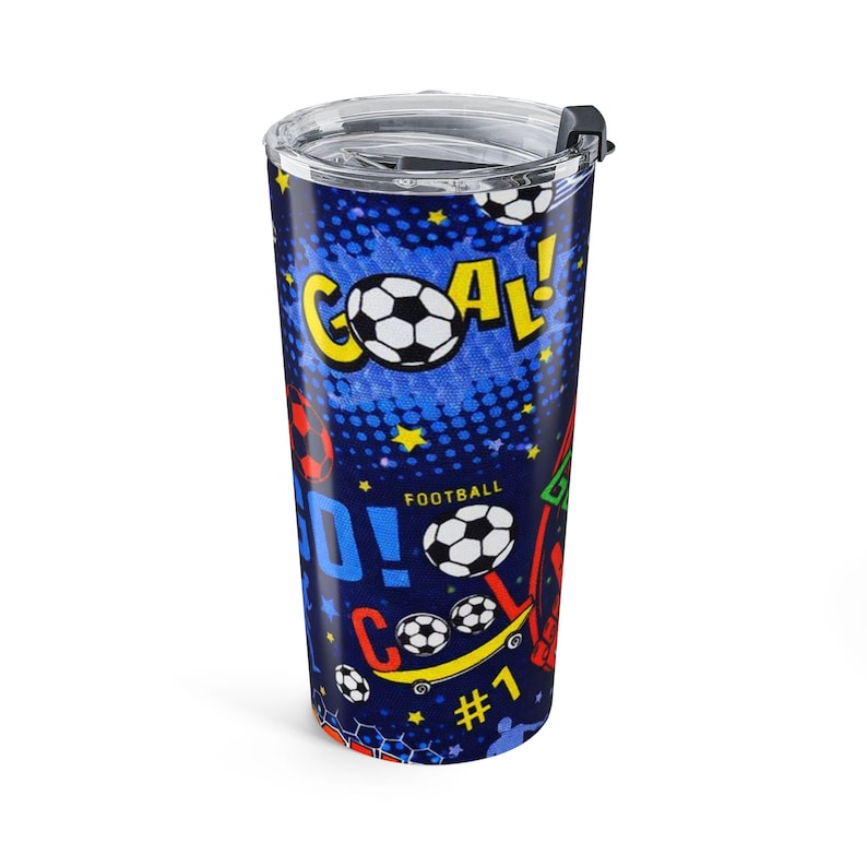 Bicchiere termico da viaggio con grafica a tema porta da calcio (20 oz) / Tazza da viaggio con motivo a pallone da calcio immagine 1
