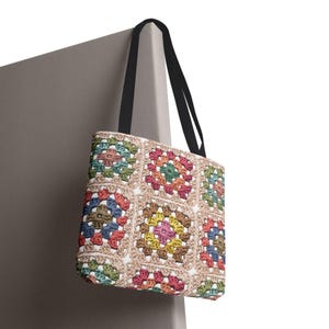 Colorful Crochet Granny Squares Tote | Pattern All-Over-Print Bag image 6