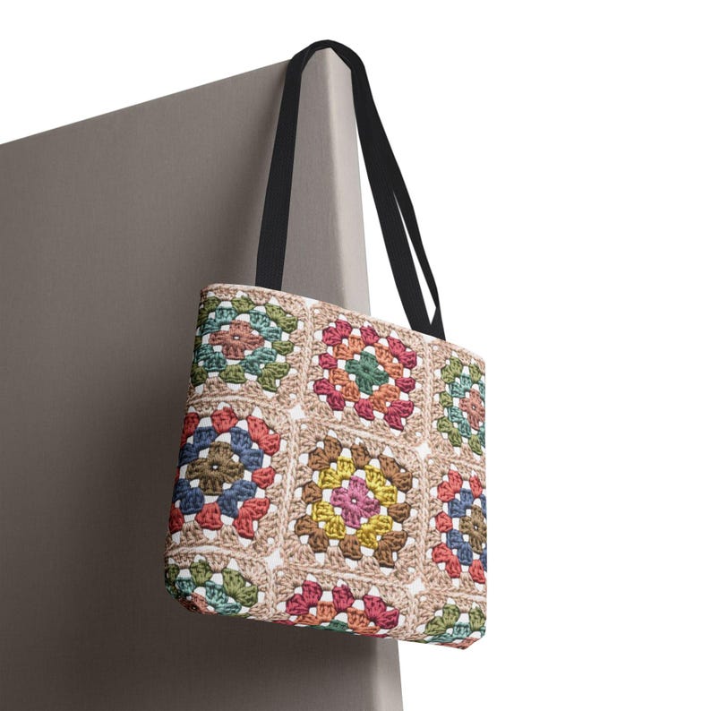 Colorful Crochet Granny Squares Tote | Pattern All-Over-Print Bag image 6