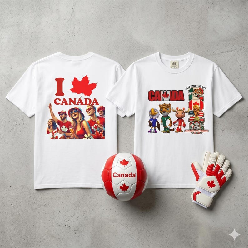 Op de afbeelding: Twee witte T-shirts met Canadese ontwerpen. E&eacute;n shirt toont "I Canada" met een esdoornblad en een feestelijke afbeelding. De andere toont "Canada" en FIFA World Cup graphics. Een rood-witte voetbal en keepershandschoenen zijn ook zichtbaar.