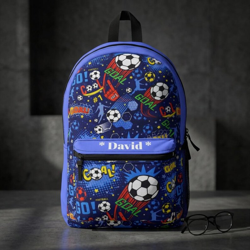 Personalized Name Accent Backpack Soccer Goal Pattern | Kids Football Print School Bag image 2