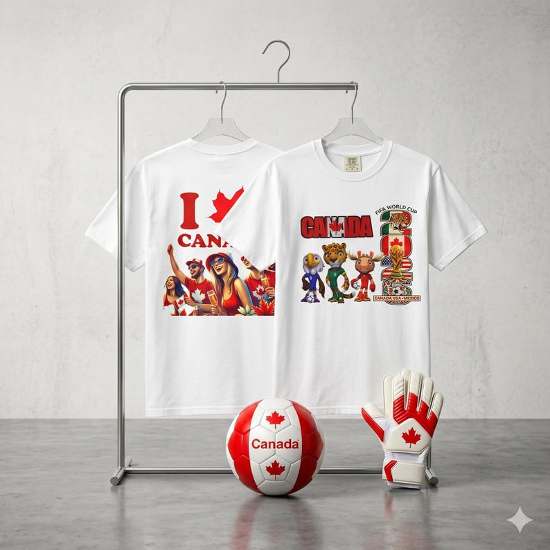 Op de afbeelding: Twee witte T-shirts met Canada-thema's hangen aan een metalen rek. E&eacute;n shirt toont "I Canada" met een esdoornblad, de andere toont "Canada" met FIFA Wereldbeker-afbeeldingen. Een rood-witte voetbal en een keepershandschoen maken de presentatie compleet.