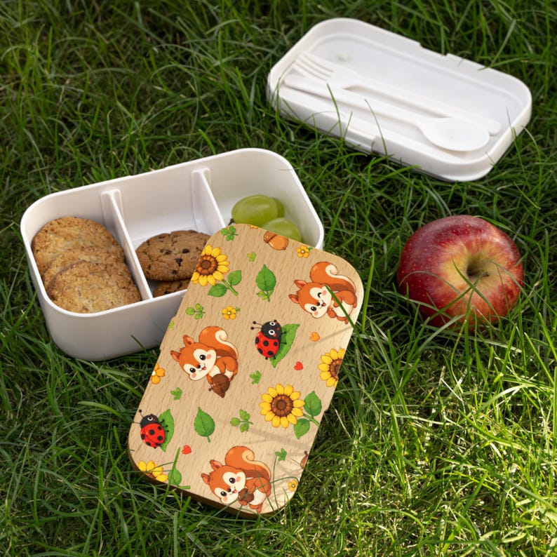 Squirrel Sunflower Ladybug Bento Lunch Box | Woodland Pattern Silicone Tray image 1