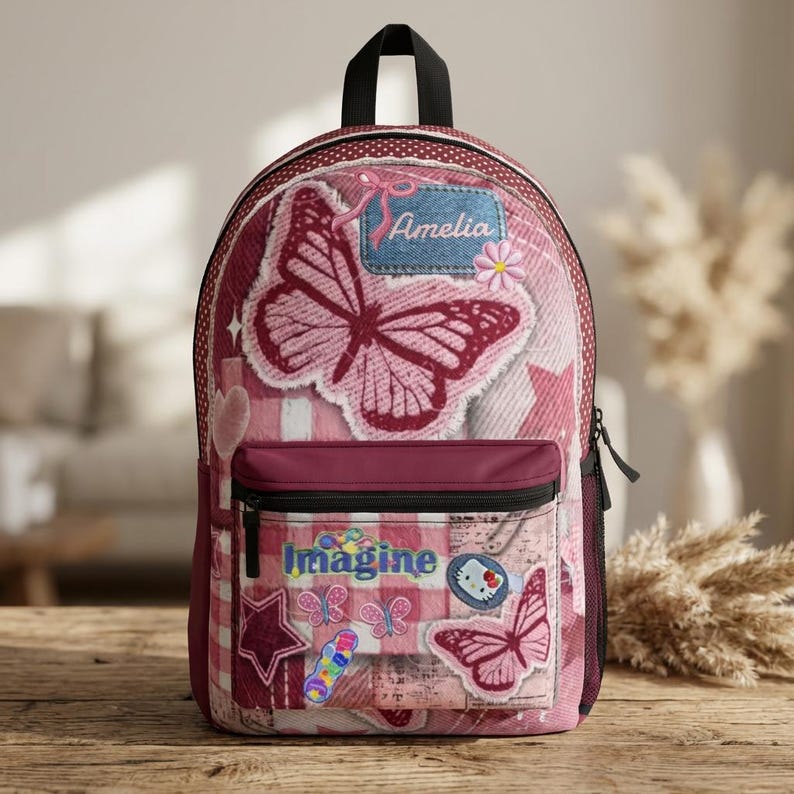 Personalized School Bag,Pink Butterfly Patchwork Backpack | Back to school image 1