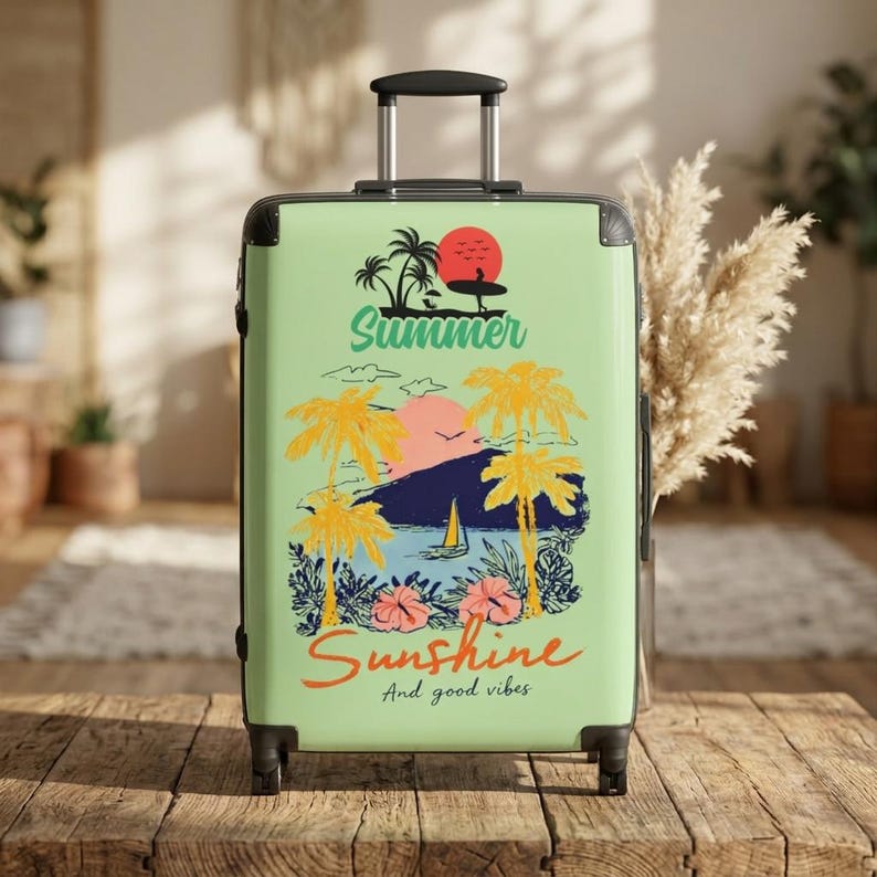 Summer Sunshine beach scene Suitcase | tropical palm trees, sailboat, retro sunset image 4